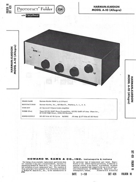 Harman-Kardon A-10 (Allegro) - Photofact - Schematic Set 426/Folder 10