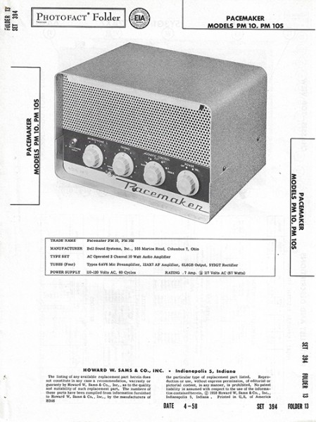 Pacemaker PM 10, PM 10S - Photofact - Schematic Set 394/Folder 13