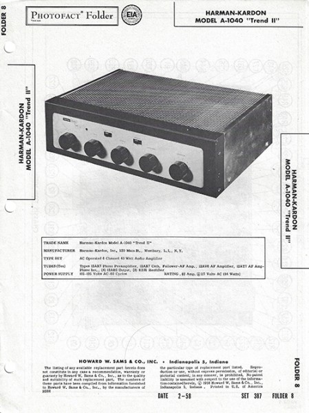 Harman-Kardon A-1040 "Trend II" - Photofact - Schematic Set 387/Folder 8
