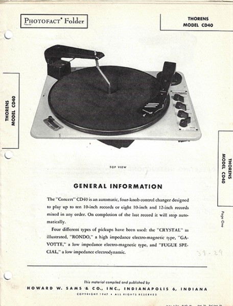 Thorens CD40 - Photofact - Schematic Set 39/Folder 29