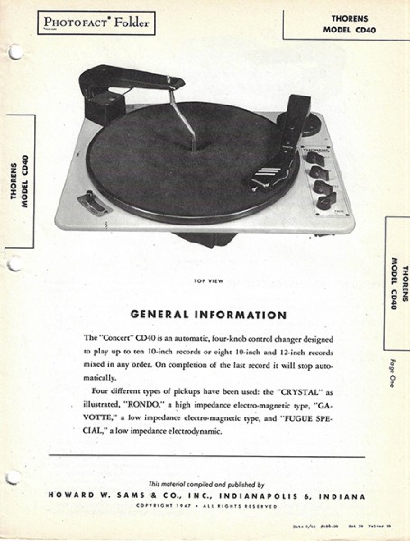 Thorens CD40 - Photofact - Schematic Set 39/Folder 29
