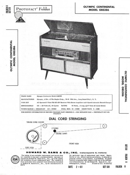 Olympic Continental GBS386 - Photofact - Schematic Set 518/Folder 8
