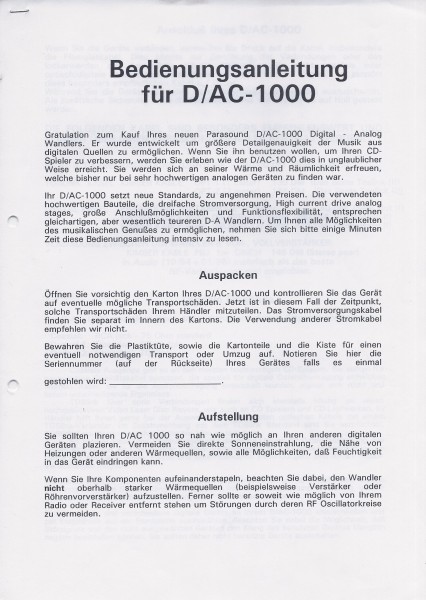 Parasound D/AC-1000 Bedienungsanleitung