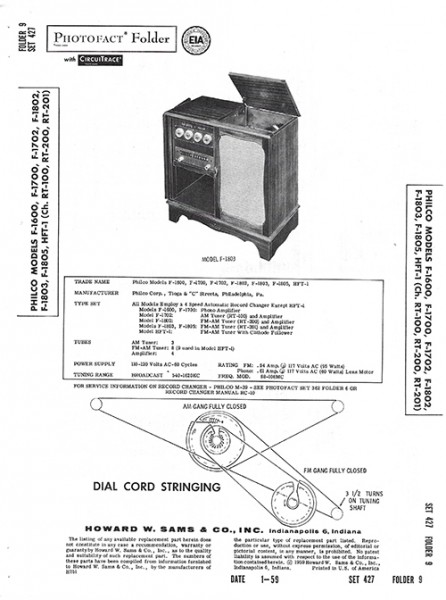 Philco F-1600, F-1700, F-1702, F-1802, F-1803, F-1805, HFT-1 - Photofact - Schematic Set 427/Folder