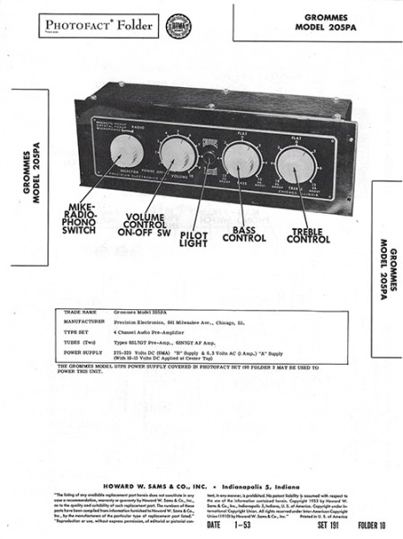 Grommes 205PA - Photofact - Schematic Set 191/Folder 10