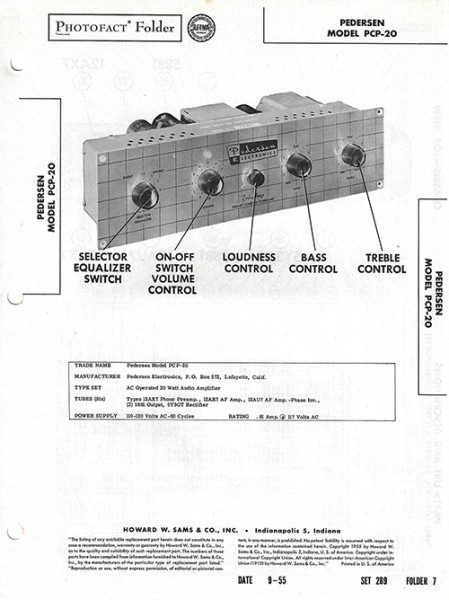Pedersen PCP-20 - Photofact - Schematic Set 289/Folder 7