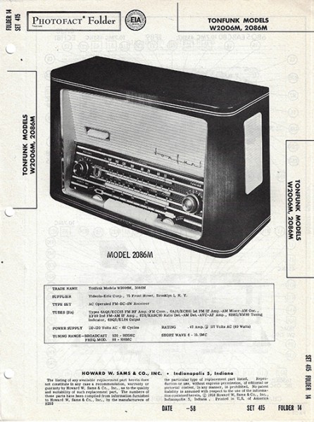 Tonfunk W2006M, 2086M - Photofact - Schematic Set 415/Folder 14