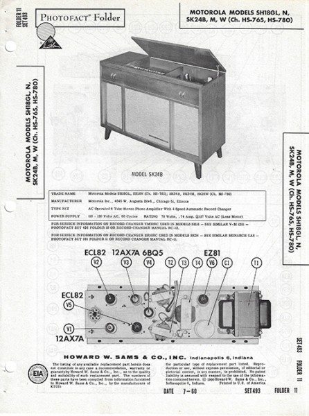 Motorola SH18GL, N, SK24B, M, W - Photofact - Schematic Set 493/Folder 11