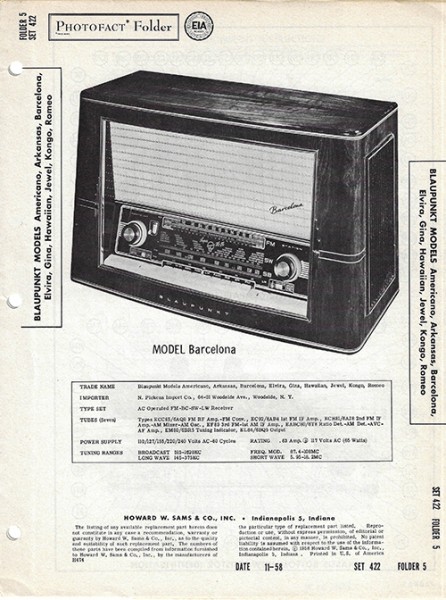 Blaupunkt Americano, Arkansas, Barcelona, Elvira, Gina, Hawaiian, Jewel, Kongo, Romeo - Photofact -