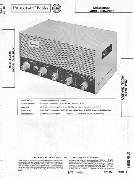 Challenger CHA-20/Y - Photofact - Schematic Set 394/Folder 9