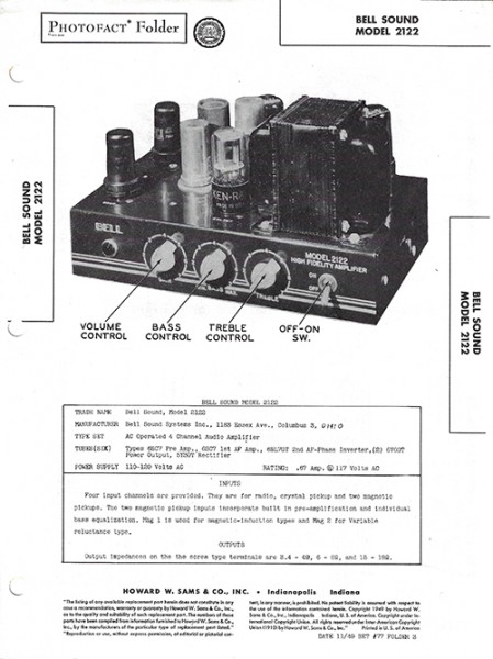 Bell Sound 2122 - Photofact - Schematic Set 77/Folder 3