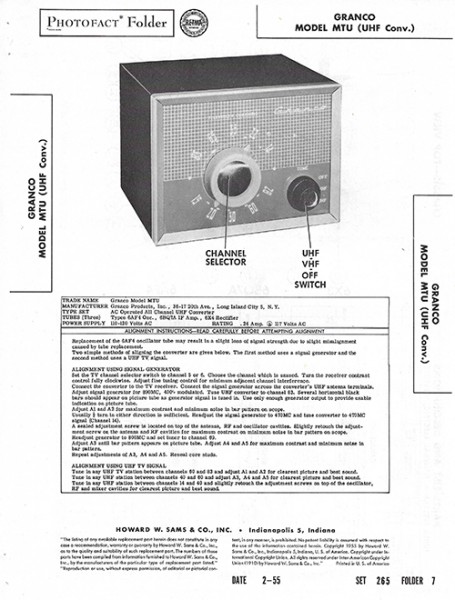Granco MTU (UHF Conv.) - Photofact - Schematic Set 265/Folder 7