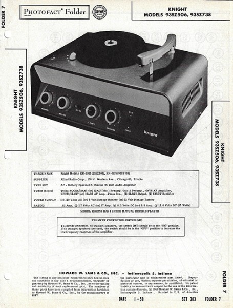 Knight 93SZ506, 93SZ738 - Photofact - Schematic Set 383/Folder 7
