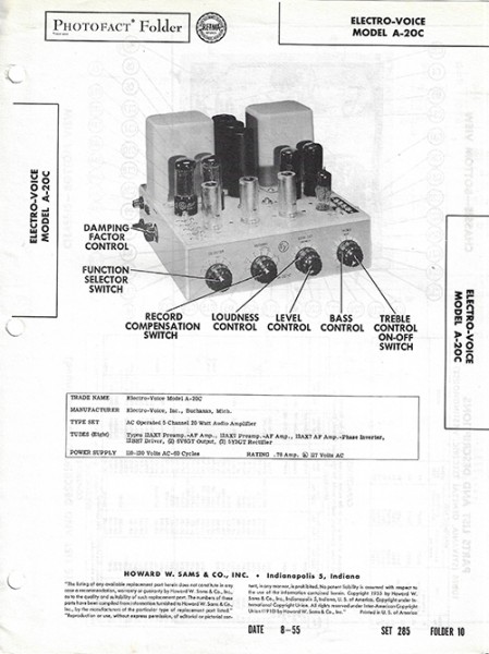 Electro-Voice A-20C - Photofact - Schematic Set 285/Folder 10