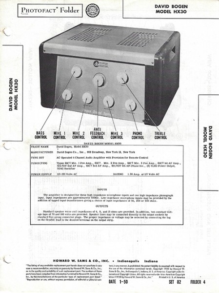 Bogen HX30 - Photofact - Schematic Set 82/Folder 4