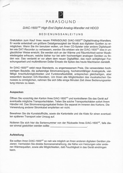 Parasound D/AC 1600HD Bedienungsanleitung