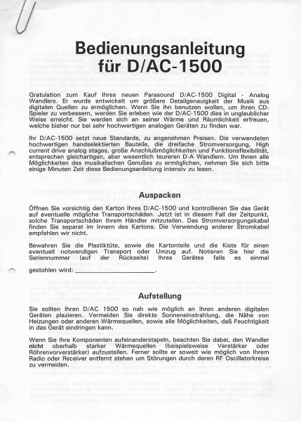 Parasound D/AC-1500 Bedienungsanleitung
