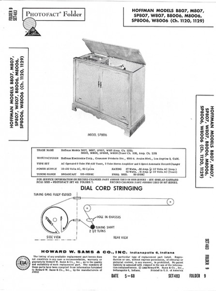 Hoffman B807, M807, SP807, W807, B8006, M8006, SP8006, W8006 - Photofact - Schematic Set 483/Folder