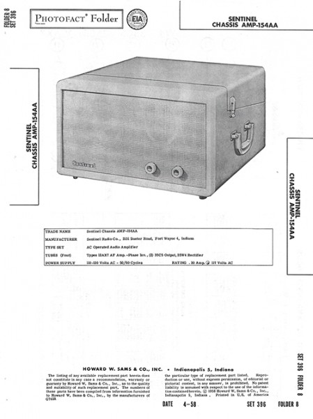 Sentinel Chassis AMP-154AA - Photofact - Schematic Set 396/Folder 8