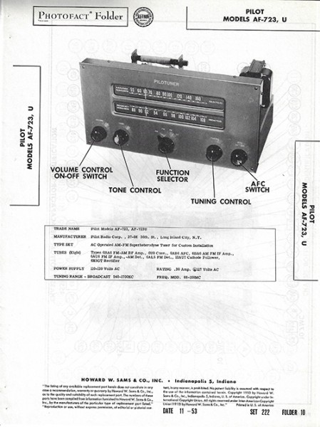 Pilot AF-723, U - Photofact - Schematic Set 222/Folder 10