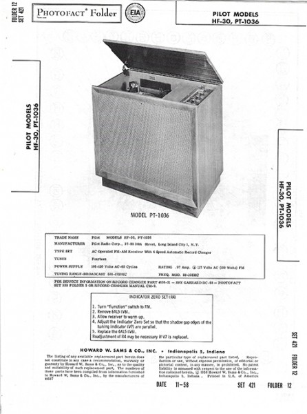 Pilot HF-30, PT-1036 - Photofact - Schematic Set 421/Folder 12