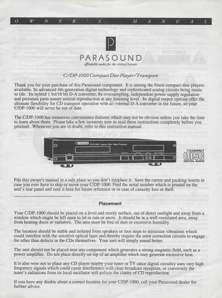 Parasound C/DP-1000 Bedienungsanleitung