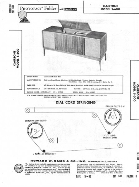 Clairtone S-600 - Photofact - Schematic Set 598/Folder 6