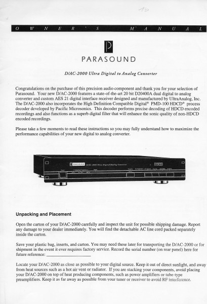 Parasound D/AC 2000 Bedienungsanleitung