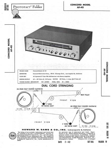 Concord AF-40 - Photofact - Schematic Set 565/Folder 10