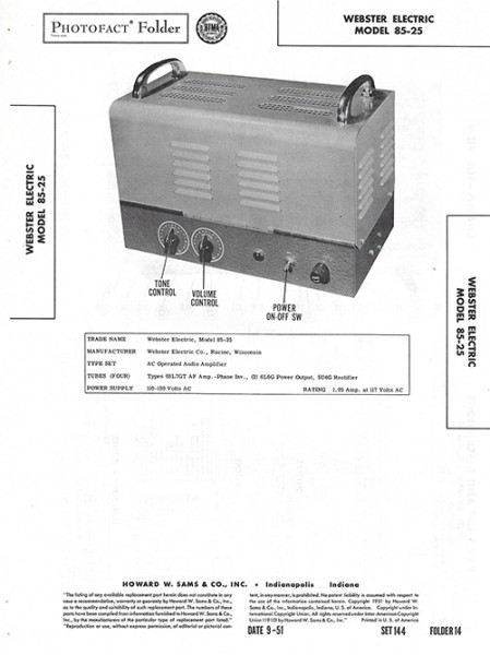 Webster Electric 85-25 - Photofact - Schematic Set 144/Folder 14