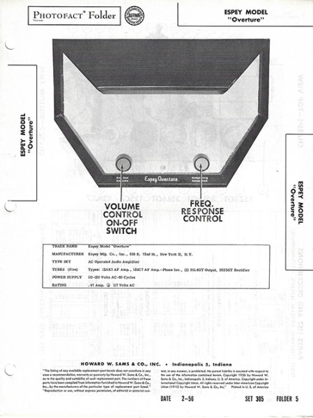 Espey "Overture" - Photofact - Schematic Set 305/Folder 5