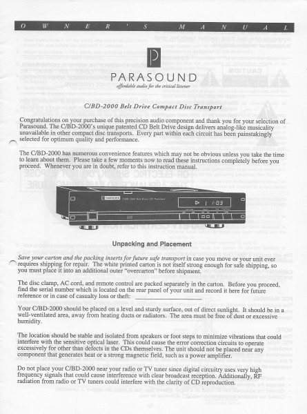 Parasound C/BD-2000 Bedienungsanleitung