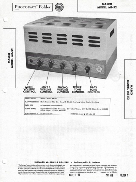 Masco ME-52 - Photofact - Schematic Set 149/Folder 7