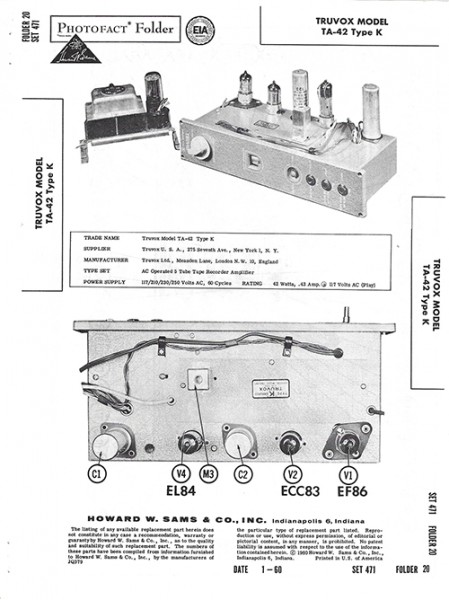 Truvox TA-42 Type K - Photofact - Schematic Set 471/Folder 20