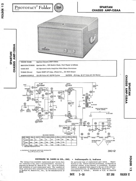 Spartan AMP-158AA - Photofact - Schematic Set 390/Folder 12