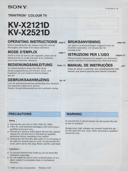 Sony KV-X2121D / KV-X2521D Bedienungsanleitung