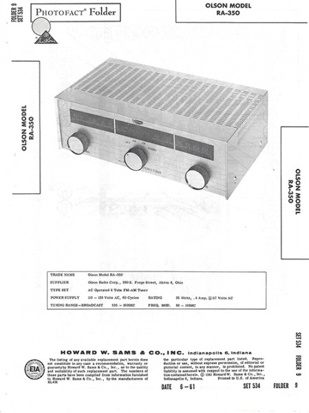 Olson RA-350 - Photofact - Schematic Set 534/Folder 9