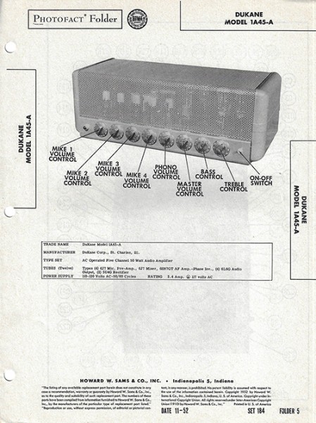 Dukane 1A45-A - Photofact - Schematic Set 184/Folder 5