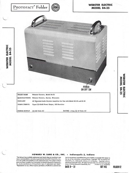 Webster Electric 84-25 - Photofact - Schematic Set 145/Folder 12