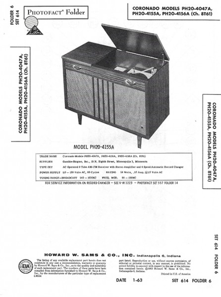 Coronado PH20-40-47A, PH20-4155A, PH20-4156A - Photofact - Schematic Set 614/Folder 6