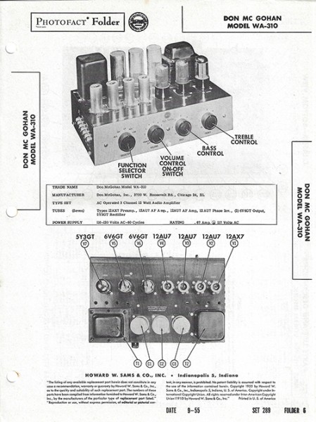 Don McGohan WA-310 - Photofact - Schematic Set 289/Folder 6