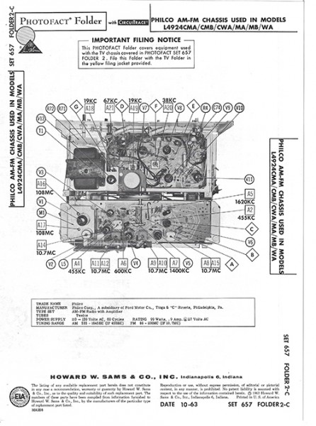 Philco AM-FM Chassis L4924CMA/CMB/CWA/MA/MB/WA - Photofact - Schematic Set 657/Folder 2-C