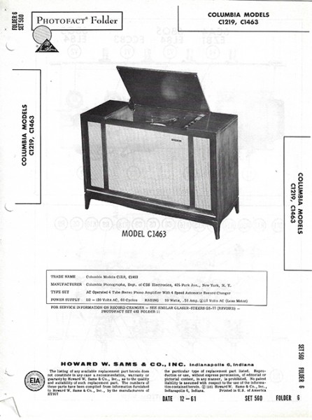 Columbia C1219, C1463 - Photofact - Schematic Set 560/Folder 6
