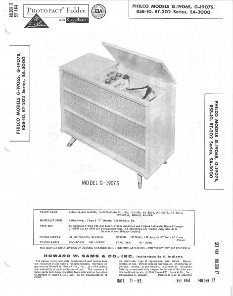 Philco G-1906S, G-1907S, RSB-10, RT-202 Series, SA-3000 - Photofact - Schematic Set 464/Folder 17