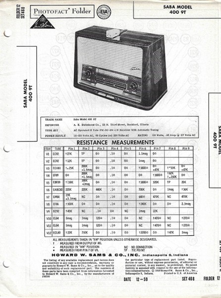 Saba 400 9T - Photofact - Schematic Set 468/Folder 12