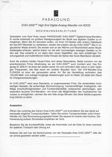 Parasound D/AC 2000HD Bedienungsanleitung