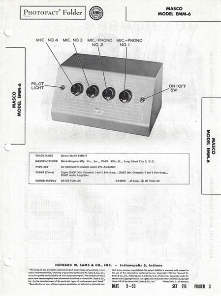 Masco EMM-6 - Photofact - Schematic Set 216/Folder 3