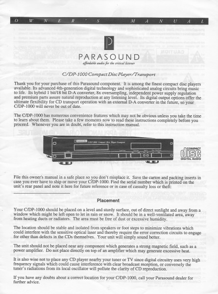 Parasound C/DP-1000 Bedienungsanleitung