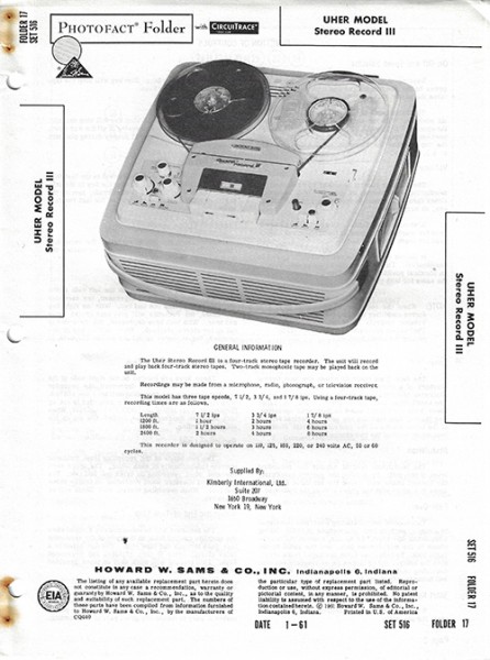 Uher Stereo Record III - Photofact - Schematic Set 516/Folder 17