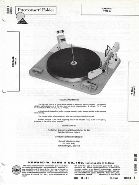 Garrard Type A - Photofact - Schematic Set 556/Folder 8